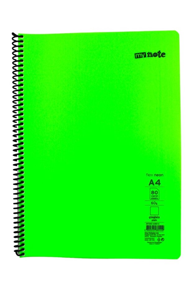 Flex A4 80 Yaprak Çizgisiz Spiralli Plastik Neon Kapak Defter - 1