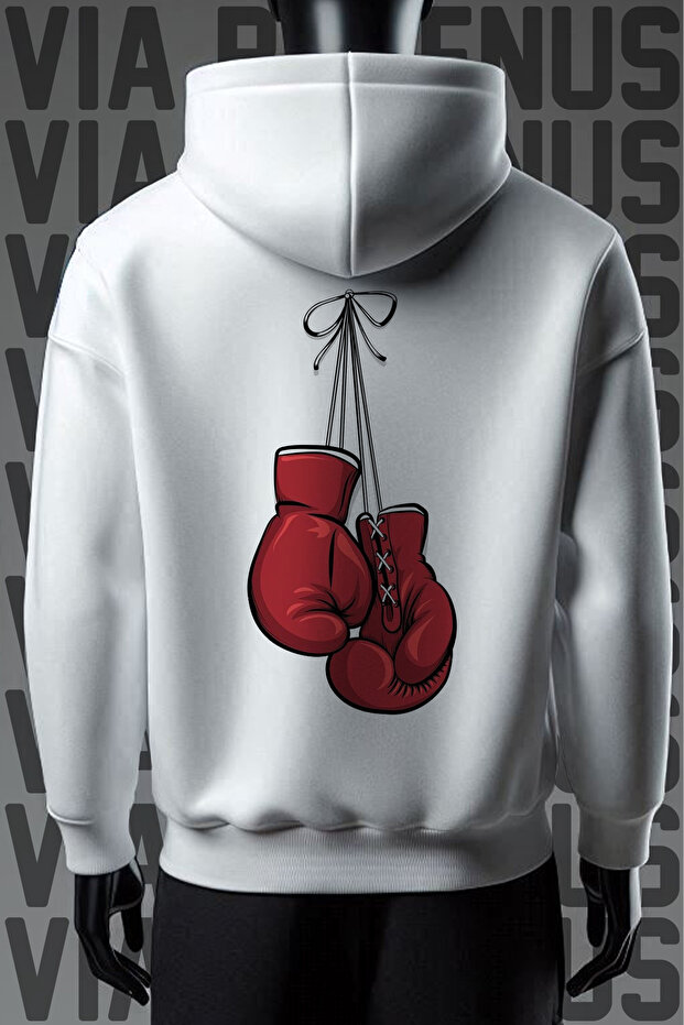 Boxing Front and Back Printed 3 Yarn Wide Pattern White Hooded Sweatshirt