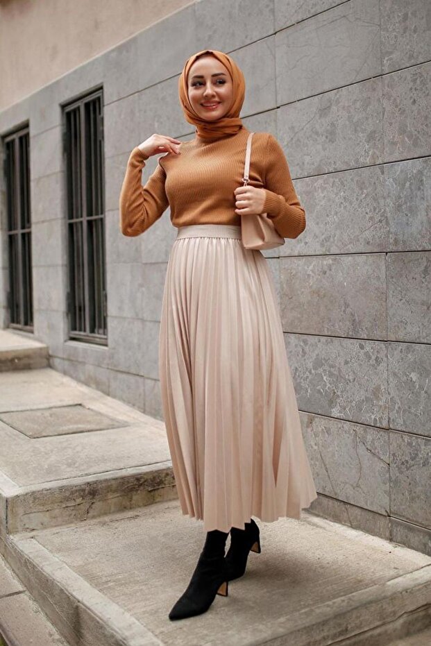 Beli Lastikli Pliseli Etek -bej - 2