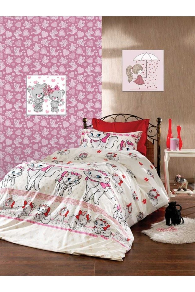 Girl Child Cat Model Single Duvet Cover Set with Elastic Sheets