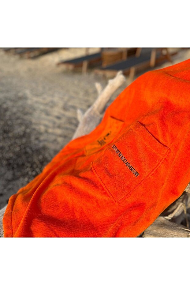 Turuncu Cepli Kapşonlu Havlu Panço - 6