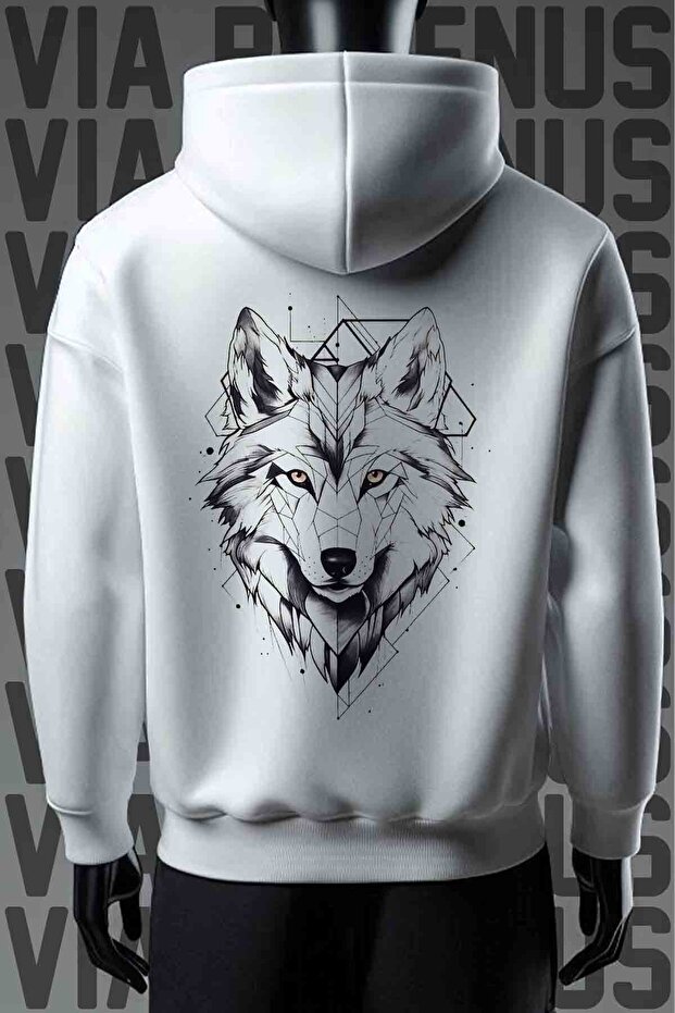 Wolf Front and Back Printed 3 Thread Wide Fit White Hooded Sweatshirt