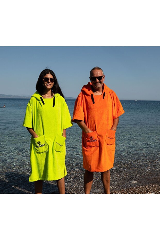 Turuncu Cepli Kapşonlu Havlu Panço - 2