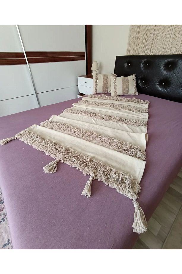 Bohem Tarzda Çift Kişilik Yatak Koltuk Örtüsü Şalı Gümüş Pul Detaylı Punch Nakış - 2