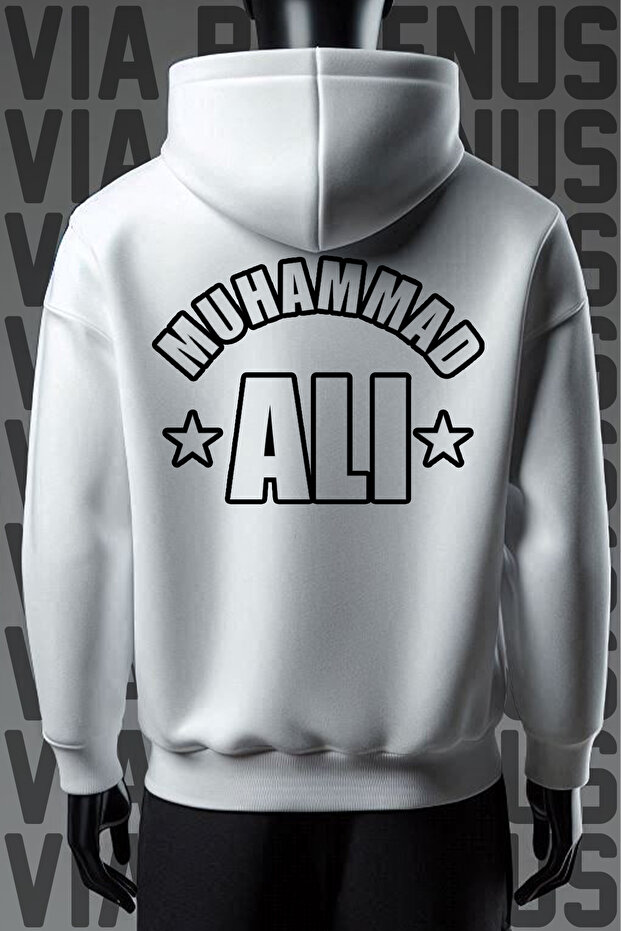Muhammad Ali Front and Back Printed 3 Yarn Wide Fit White Hooded Sweatshirt
