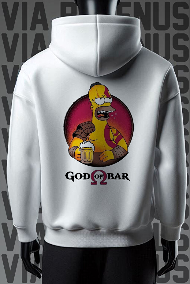 God of War Front and Back Printed 3 Yarn Wide Pattern White Hooded Sweatshirt