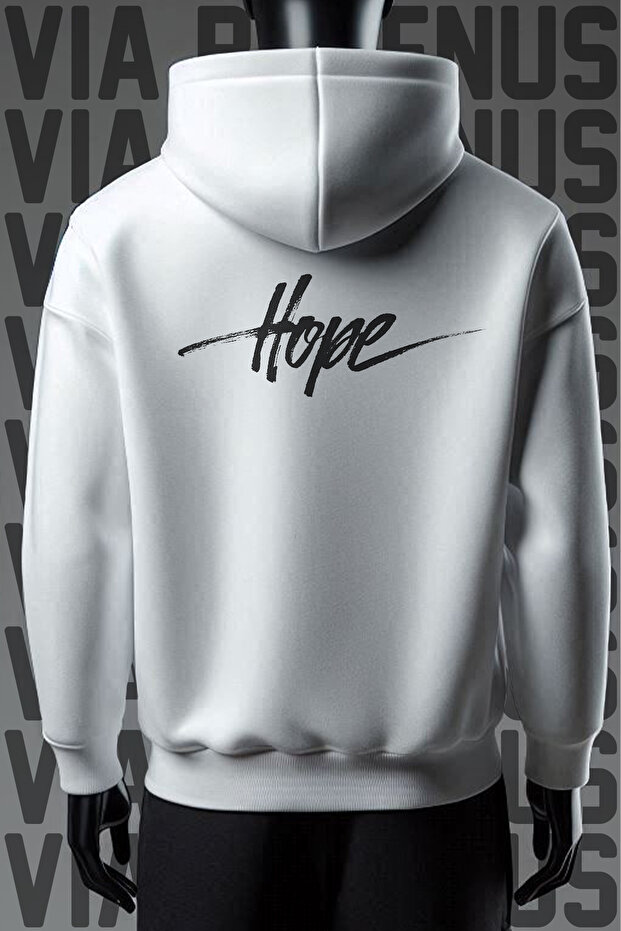 سويت شيرت أبيض بغطاء للرأس من Hope - 3 خيوط، مقاس واسع، مطبوع من الأمام والخلف