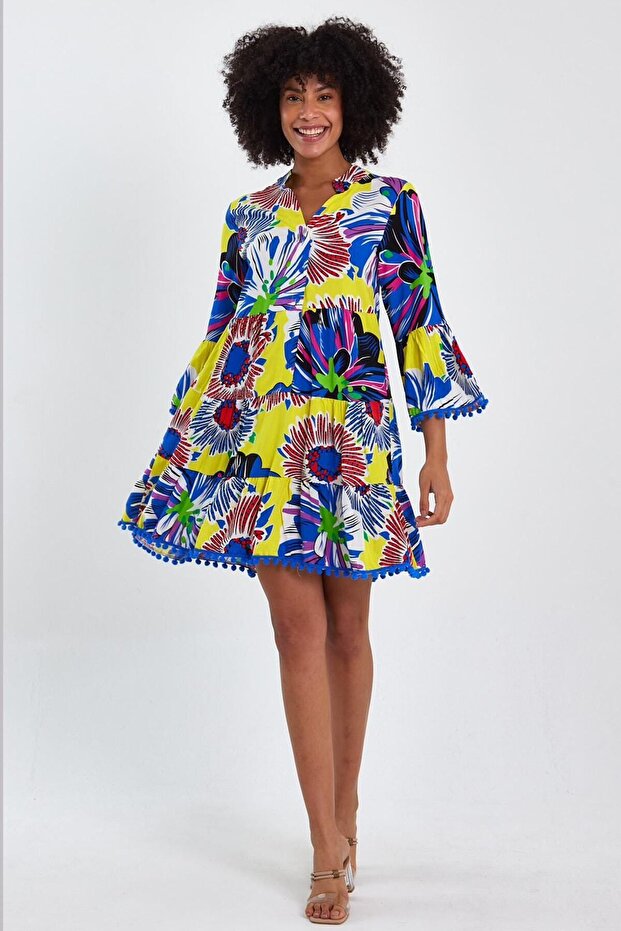 Women's Blue Yellow Patterned Button Detailed Spanish Sleeve Pompom Ethnic Authentic Dress