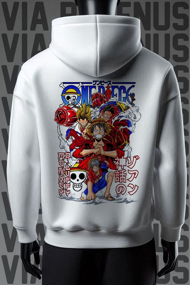 One Piece Front and Back Printed 3 Yarn Wide Pattern White Hooded Sweatshirt
