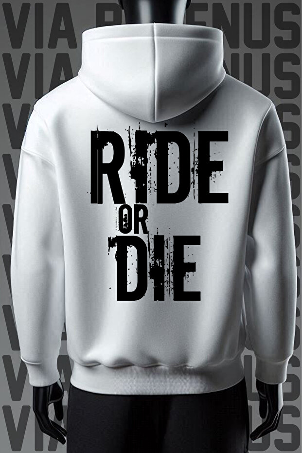 Biker Front and Back Printed 3 Thread Wide Pattern Black Hooded Sweatshirt