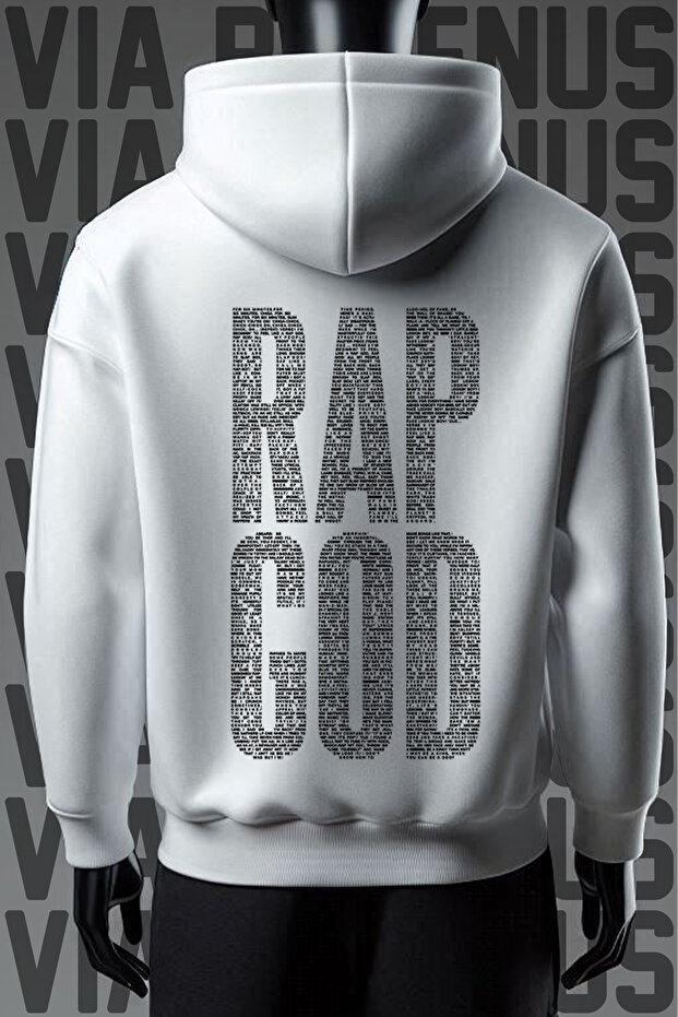 Rap God Front and Back Printed 3 Thread Wide Pattern White Hooded Sweatshirt