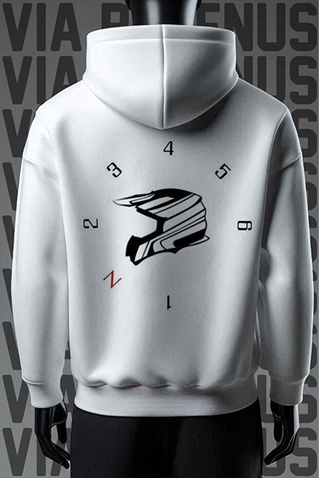Vites Helmet Biker Front and Back Printed 3 Thread Wide Pattern White Hooded Sweatshirt