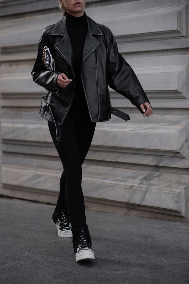 WM031 Kadın Oversize Biker Deri Mont - 4