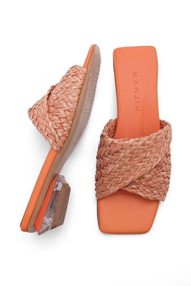 Transparente Damen-Slipper mit Absatz aus Strohstrick Tarus orange - 5