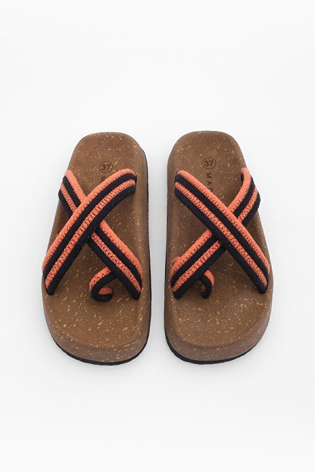 Damen Flip Flops mit Korksohle und gemustertem Baumwollseil, mit Kreuzband, Alltags-Hausschuhe, Meyse Orange - 4