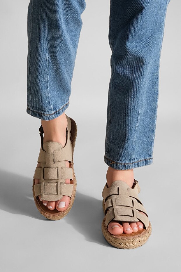 Damen Alltagssandalen Strohsohle Klettverschluss Kunle Beige - 4