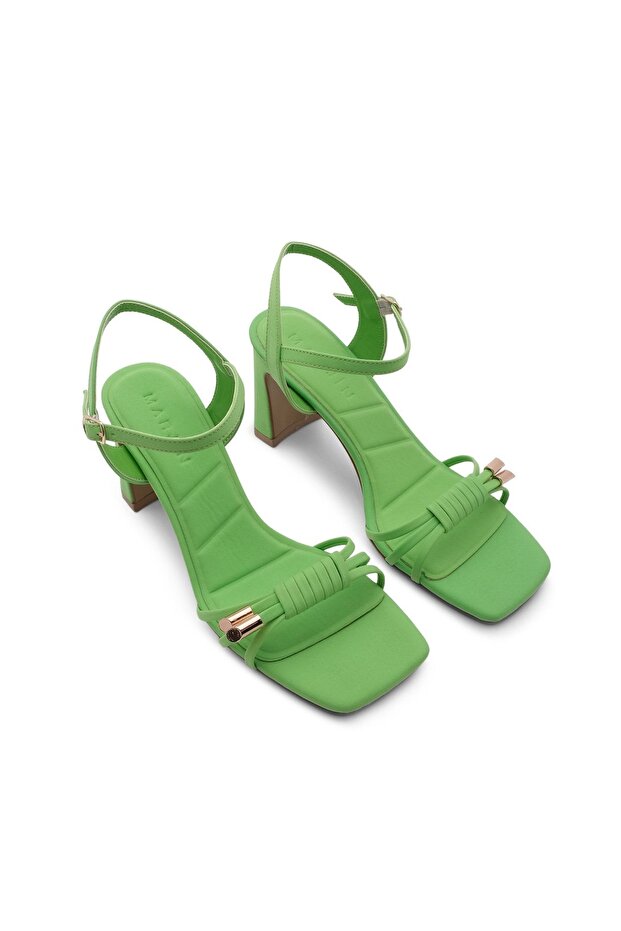 Buty damskie na obcasie, pasek na kostkę, tępe palce, sandały na grubym obcasie, zielone - 4