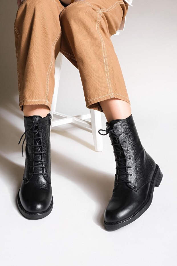 Women's Genuine Leather Boots Lace-up Zippered Casual Boots Alfira Black