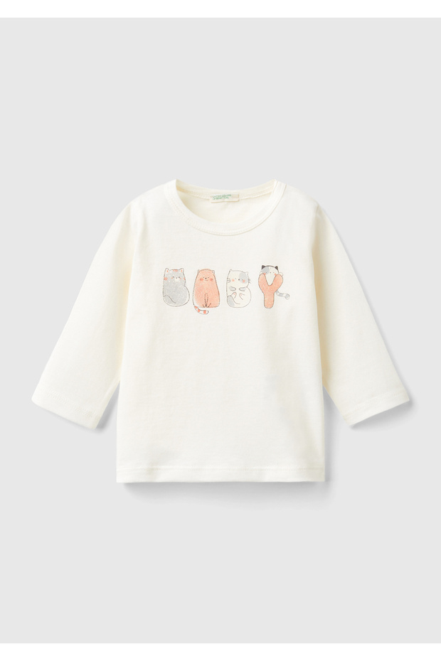 Baby White Mix Front Water Printed Long Sleeve T-Shirt with Hidden Buttons