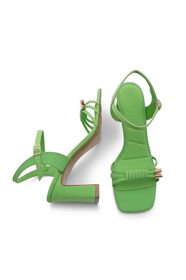 Buty damskie na obcasie, pasek na kostkę, tępe palce, sandały na grubym obcasie, zielone - 7