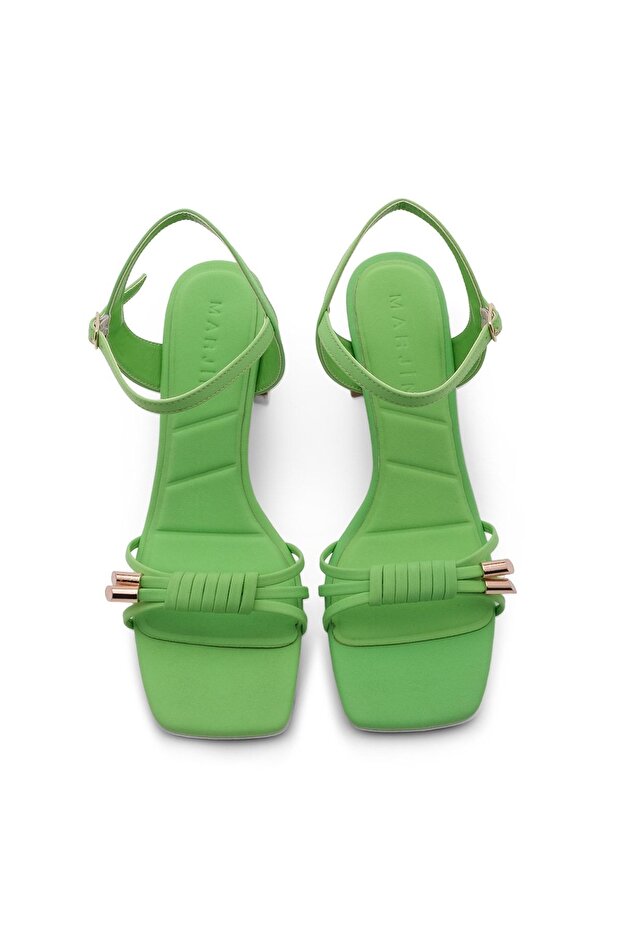 Buty damskie na obcasie, pasek na kostkę, tępe palce, sandały na grubym obcasie, zielone - 5