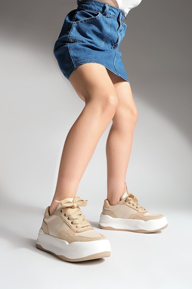 Damen-Sneaker mit hoher Sohle zum Schnüren, Sportschuhe Tonbes Beige - 4