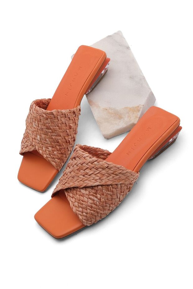 Transparente Damen-Slipper mit Absatz aus Strohstrick Tarus orange - 1