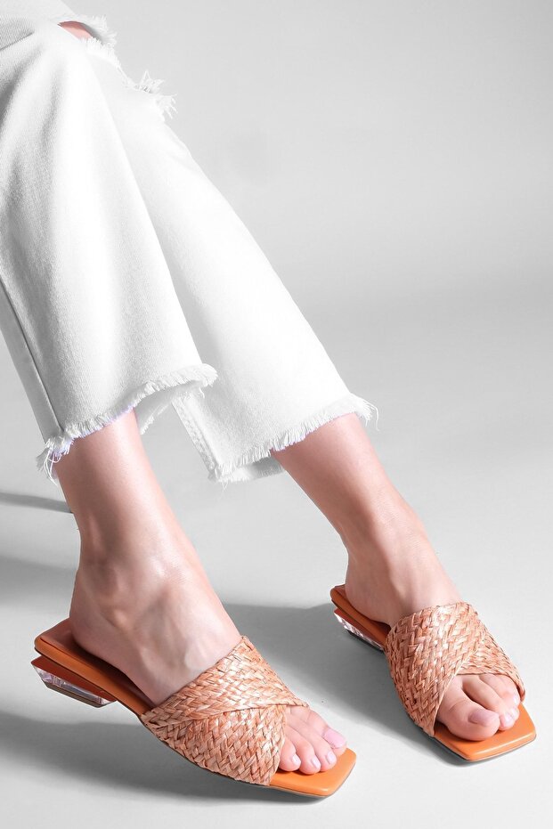 Transparente Damen-Slipper mit Absatz aus Strohstrick Tarus orange - 3