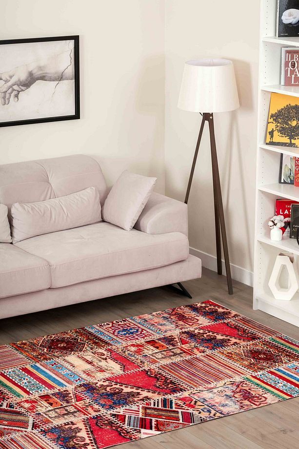 Patchwork Desenli Yıkanabilir Kaymaz Taban Şönil Kırmızı Mutfak Halısı 4002 - 7