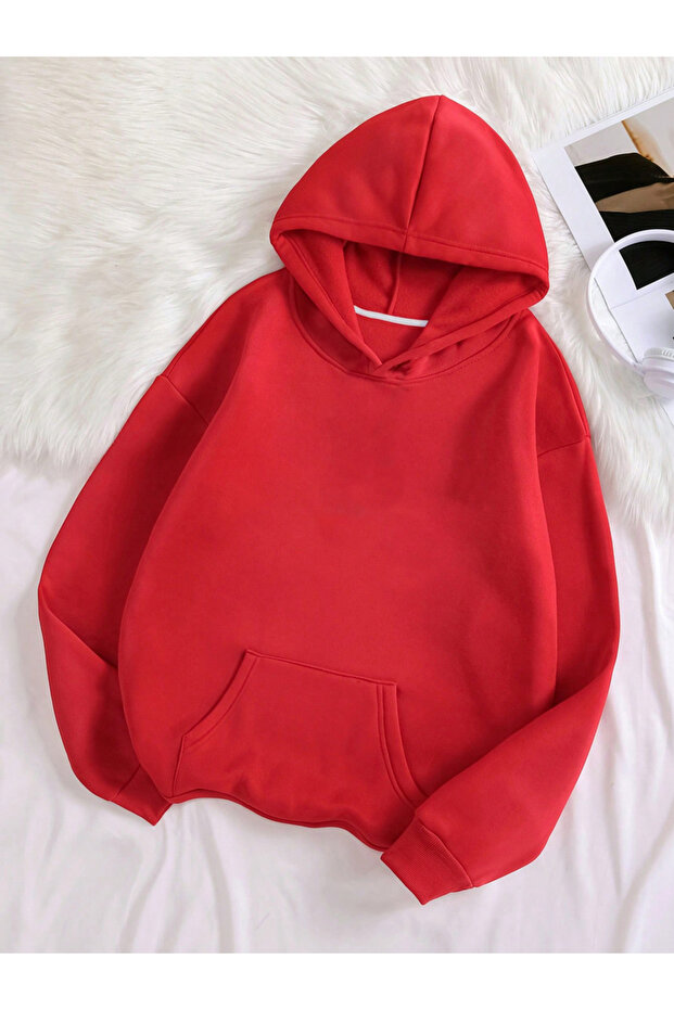 Red Hooded Unprinted Sweatshirt Unisex Hoodie
