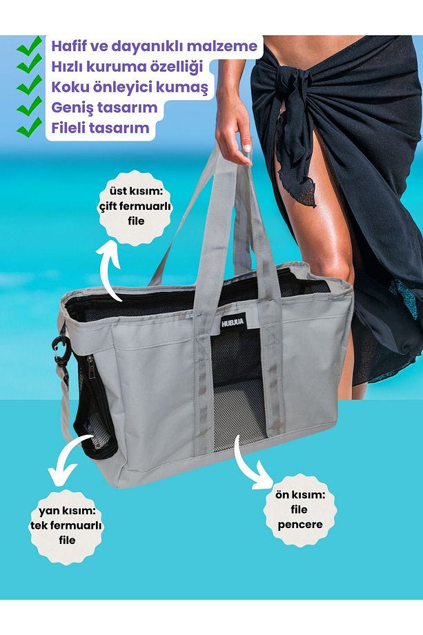 hızlı kuruyan plaj çantası fileli 44x29x17 cm hafif tasarım kısa ve ayarlanabilir uzun saplı - 5
