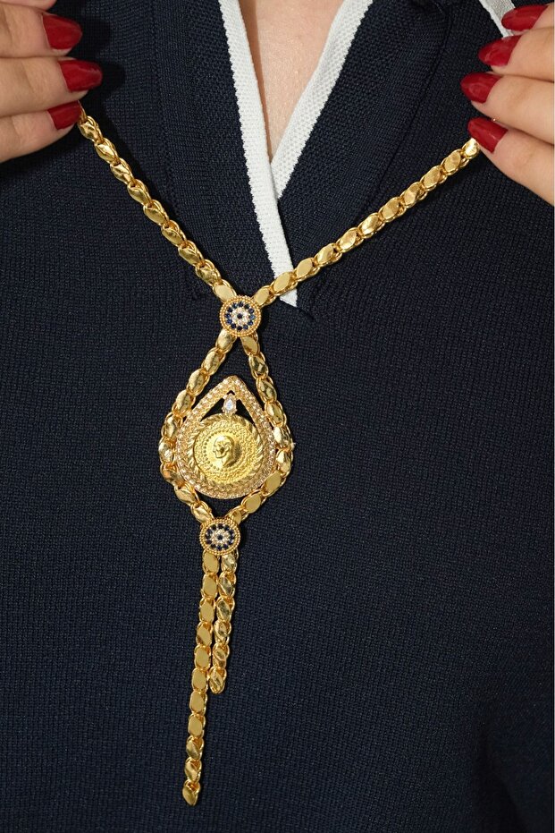 8 Ayar Çeyrekli  taşlı pullu kolye - 1