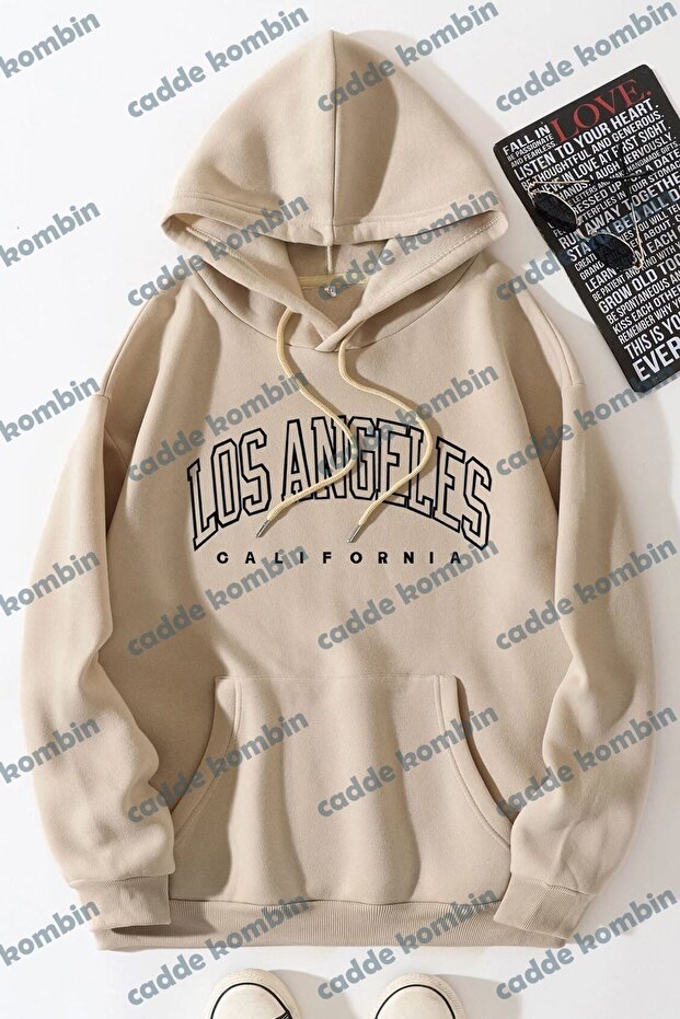 Unisex Beige Los Angles California Printed Hoodie