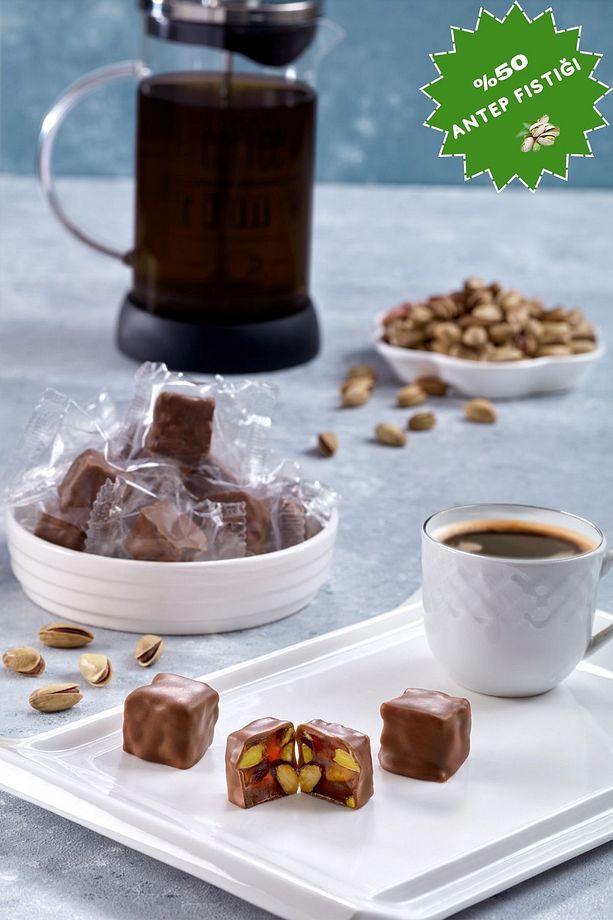 Gerçek %50 Antep Fıstıklı Sütlü Çikolata Kaplı Çifte Kavrulmuş Lokum 5 Kg (TEK TEK PAKETLİ) - 1