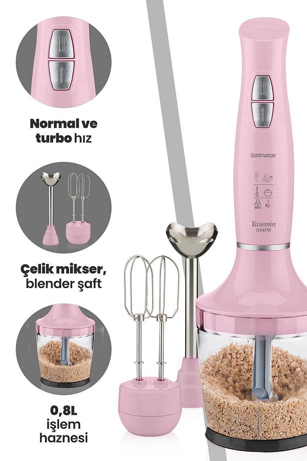 Yasemin 1000 Watt Sessiz Hız Ayarlı 3 In 1 Doğrama Karıştırma Blender Seti Pembe - 1