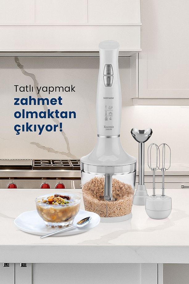 Yasemin 1000 Watt Sessiz Hız Ayarlı 3 In 1 Doğrama Karıştırma Blender Seti Beyaz - 6