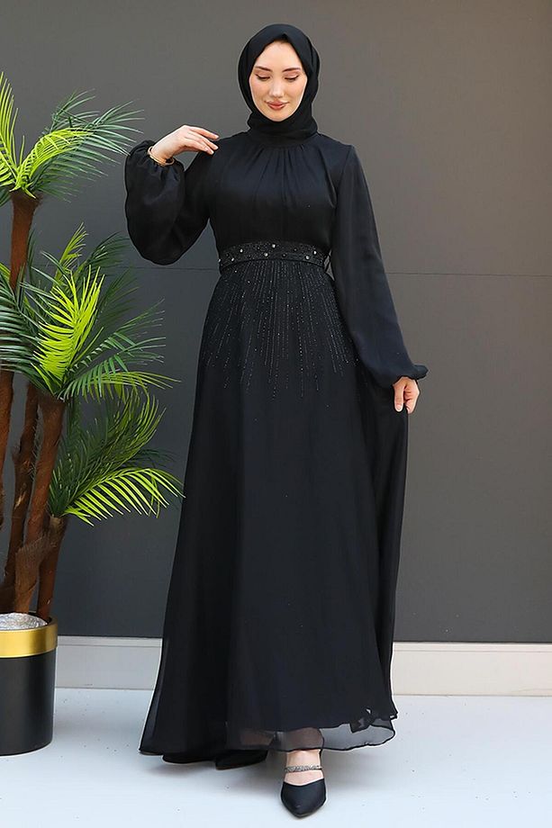 Taşlı Janjan Elbise Siyah - 4