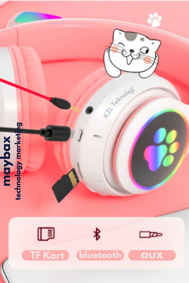 23m Kablosuz Bluetooth 5.0 Led Işıklı Kedili Kulaklık İOS Android Uyumlu TF Kart Aux FM Kulaklık - 7