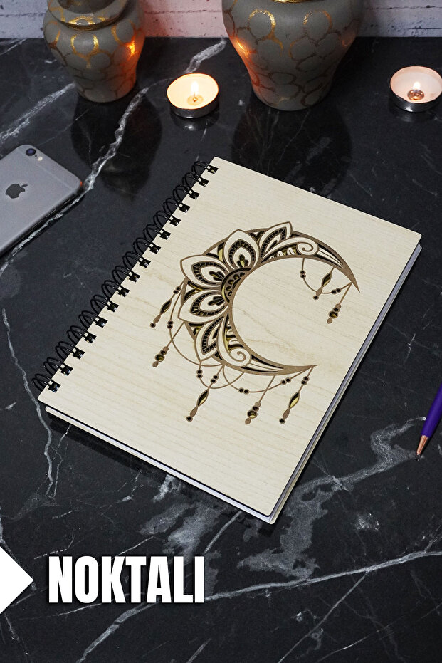 Moon Mandala Themed Notebook with Wooden Cover - Dotted Notebook - Agenda - School Notebook (A5 - 120 Pages)