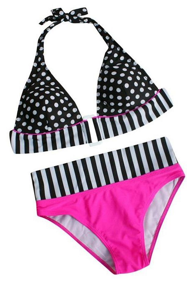 Çizgi ve Puan Desenli Dolgusuz Bağcıklı Üçgen Üst Normal Bel Slip Alt Şık ve Cool Bikini Takım - 4