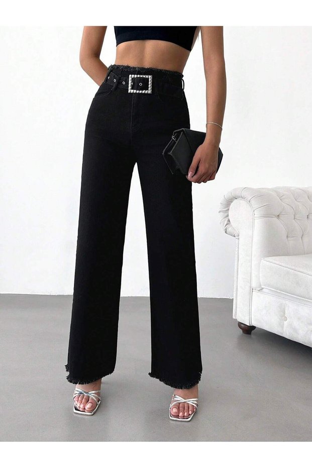 Women's High-Waist Buckled Belt Tasselled Waist Tasselled Hem Black Stretch Fabric Palazzo Jeans