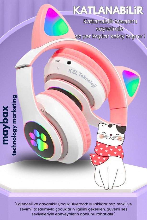 23m Kablosuz Bluetooth 5.0 Led Işıklı Kedili Kulaklık İOS Android Uyumlu TF Kart Aux FM Kulaklık - 4