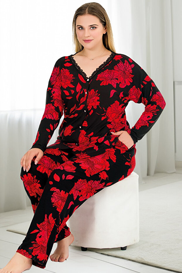 Plus Size Red Rose Pattern Viscose Pajamas Set - Long Sleeve, Top Button 11374