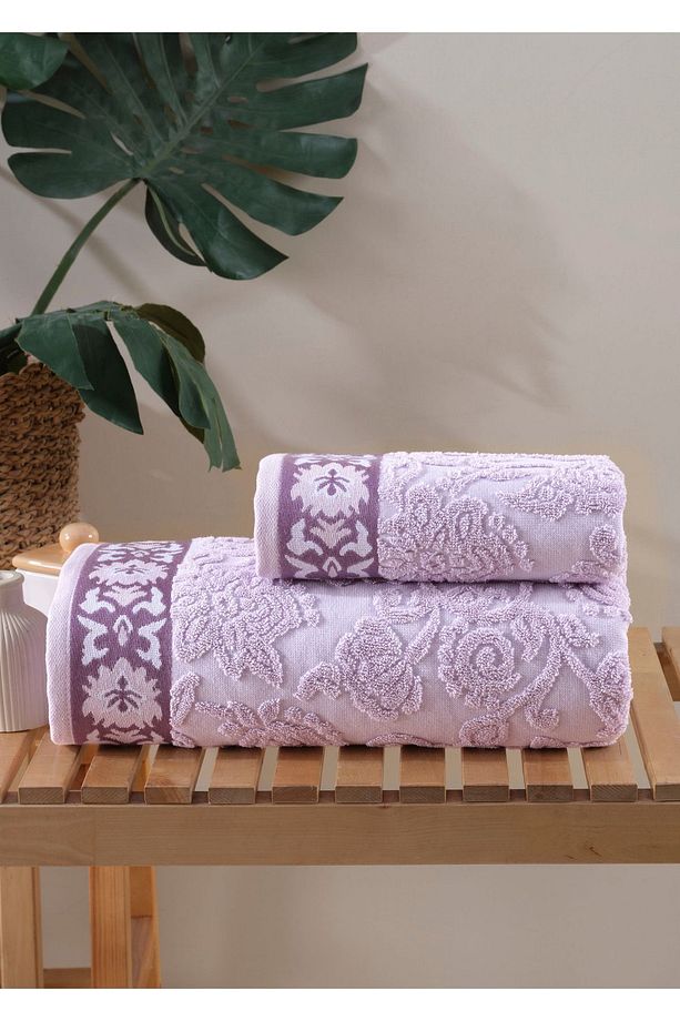 Stella Jakarlı 2'li Banyo Havlu Seti Lila / Ekru 50x85 cm 70x140 cm - 1