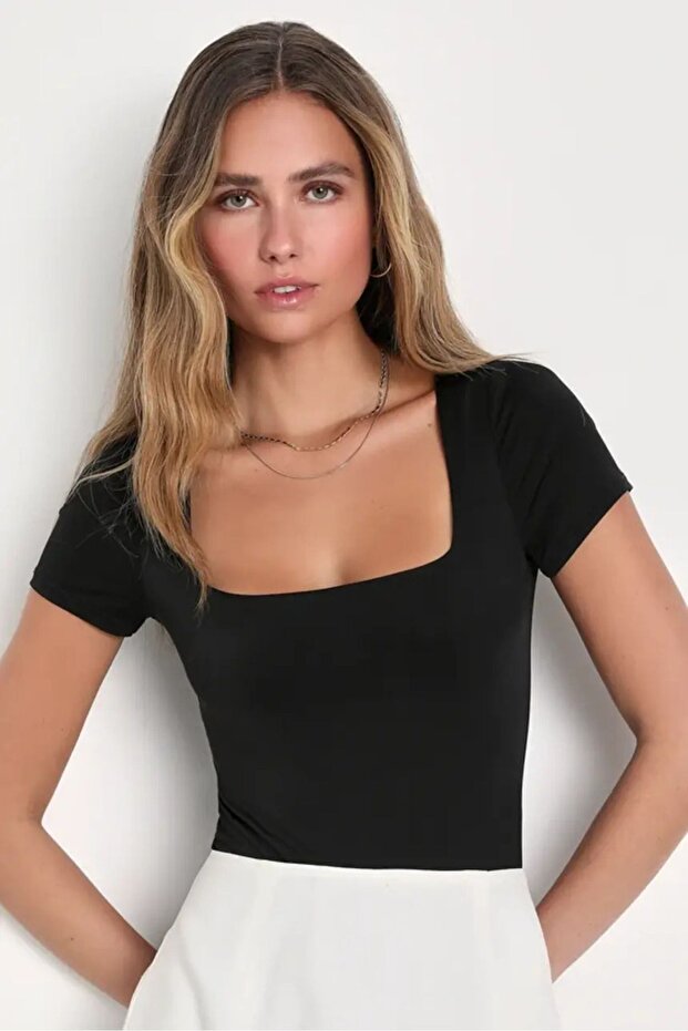 Women's Short Sleeve Square Neck Double Layer Silk Jersey Bodysuit K32