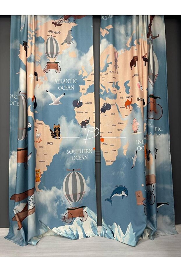 World Map Children's Baby Room Background Curtain, Sunshade (2 Wings) Non-Pleated