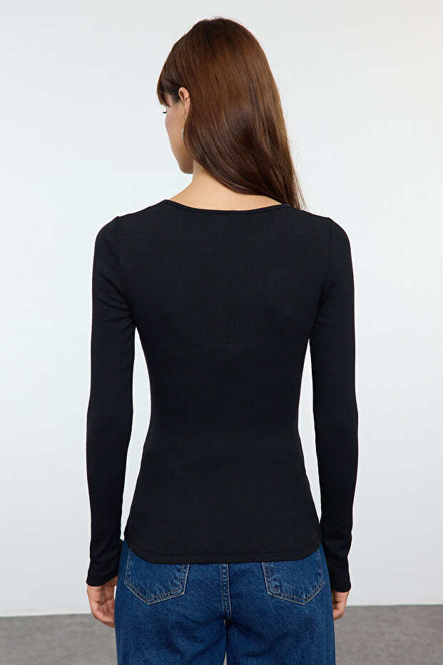 Siyah Çıtçıtlı Fitted/Vücuda Oturan Fitilli Esnek Örme Bluz TWOAW25BZ00080 - 8