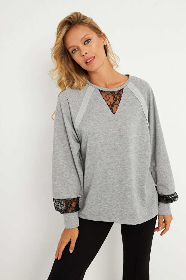 Women's Gray Lace Detailed Sweatshirt Ey2906