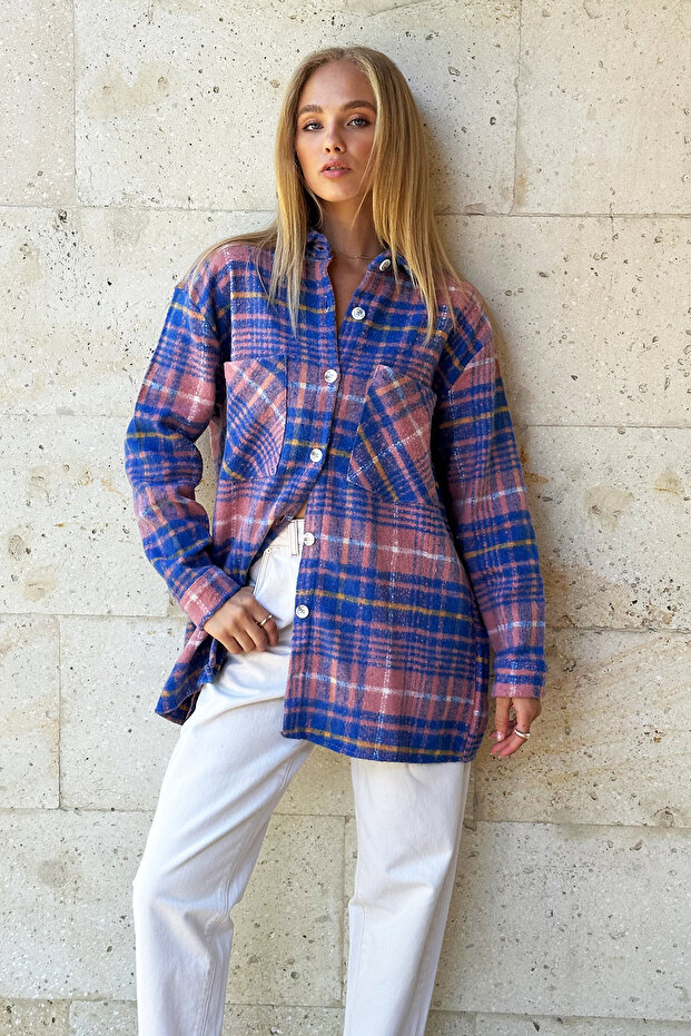 Women's Aviator Blue Plaid Patterned Cashmere Cotton Oversize Safari Jacket Shirt Alc-X10704