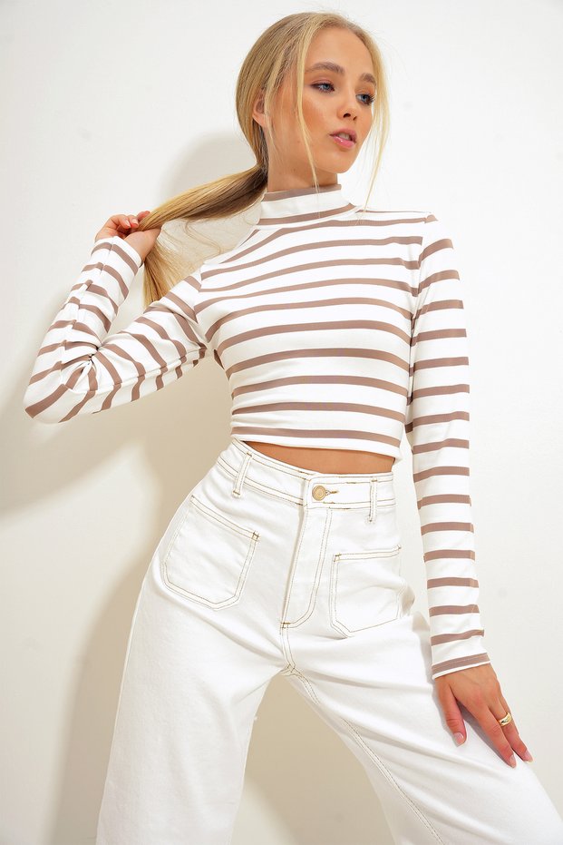 Women's Brown Half Fisherman Striped Knitted Crop Blouse Alc-X12631